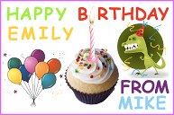 A birthday card with balloons, a dinosaur and a cupcake