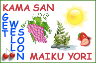 A get well soon card, partly in Japanese, with grapes, plants, a bright yellow sun and some fruit