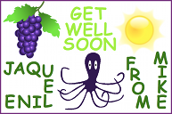 A get well soon card with some black grapes, a bright yellow sun, and an octopus