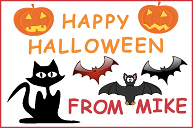 A Halloween card with a black cat and some bats