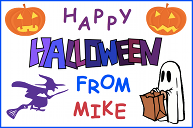 A Halloween card with Jack-o’-lanterns, a witch on a broomstick, and a ghost