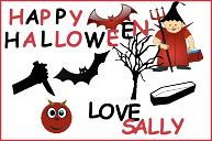 A Halloween card with a wizard, a coffin, a devil and some bats