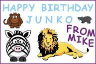 A birthday card with a lion, zebra, monkey and hippopotamus