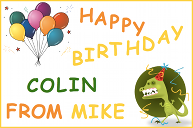 A birthday card with balloons and a dinosaur