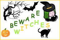 A Halloween card with an owl, a bat, a cat, a witch and a pumpkin lantern