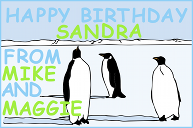A birthday card with three penguins